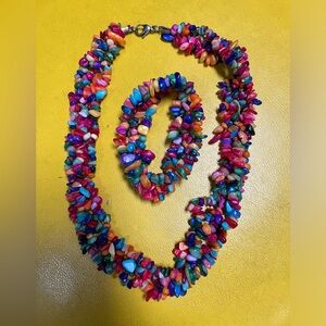 Multicolored semi precious stone necklace and bracelet set